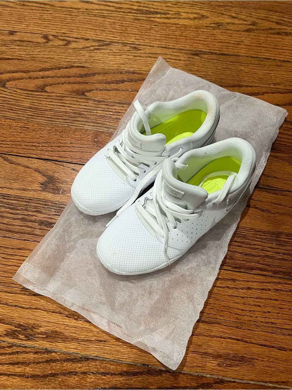 Nike Kids White Cheer Sneakers with Neon Yellow Insole